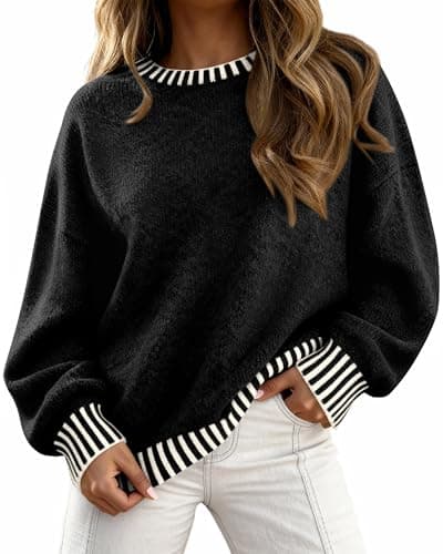 KIRUNDO Oversized Sweaters for Women 2026 Long Sleeve Crewneck Fall Tops Contrast Chunky Knit Pullover Winter Clothes(Black, XX-Large) - Image 1