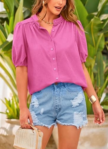 PRETTYGARDEN Women's 2026 Summer Button Down Shirts Short Lantern Sleeve V Neck Cotton Cute Tops Dressy Casual Blouses (Rose Pink,Large) - Thumbnail 3