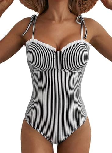Herseas Womens Tummy Control One Piece Bathing Suits High Cut Striped Bathing Suit Tie Shoulder Swim Suits Classic 2026 Summer Cruise Vacation Outfits Beachwear Black Stripe Medium - Image 1