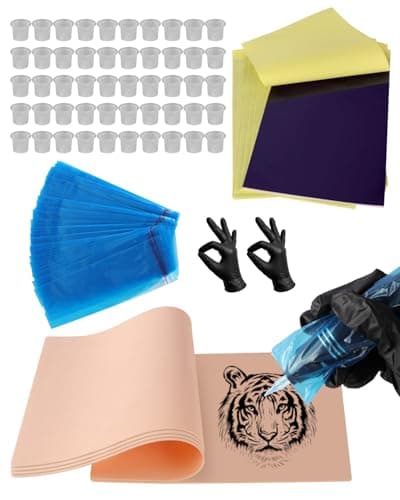 Lady Up Tattoo Practice Skin Kit, Fake Skin Tattoo Practice Set For Beginners, 5pcs Fake Skin 10pcs Transfer Paper 100pcs Tattoo Pen Covers 50pcs Ink Caps and 1 Pair Gloves - Image 1