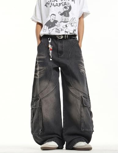 Men's Y2k Hip Hop Baggy Jeans Wide Leg Skater Pants Loose Fit Denim Pantalones Long Trousers Streetwear Rock Black - Thumbnail 5