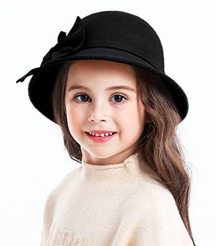 Bienvenu Kids Girls Winter Warm 100% Wool Bucket Hats Fedoras with Bowknot,Black - Thumbnail 5