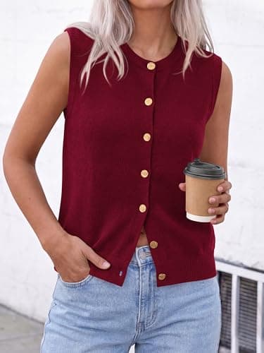 BTFBM Sweater Vest Women Casual Crewneck Loose Button Down Knit Sleeveless Cardigan 2026 Spring Clothes Summer Vest Tops(Burgundy, Small) - Thumbnail 2