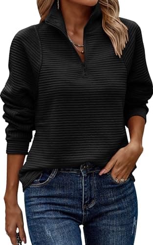 ECOWISH Women Tops Quarter Zip Fall Winter Tunics Casual Oversized Pullover Ribbed Quilted V Neck Collared Outfits Loose 2026 Black Medium - Image 1