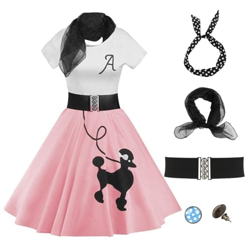ZEZCLO Women's Retro Poodle Print Skater Dress Vintage High Waist Rockabilly Swing Tee Cocktail Party Dresses Accessories Pink M - Image 1