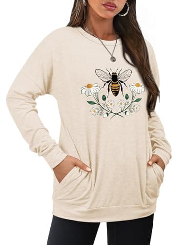 Dresswel Women's Long Sleeve Sweatshirts with Pockets Casual Loose Bee Graphic Shirt Cute Floral Print Fall Tops for Women, Apricot M - Thumbnail 2