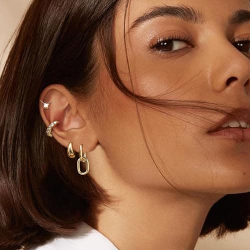 Small Gold Hoop Earrings Set for Women, 14K Gold Plated Lightweight Earrings Sets for Multiple Piercing, Hypoallergenic Huggie Hoops Earrings for Women Jewelry - Thumbnail 3