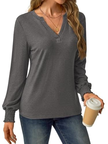 GKBK Womens Long Sleeve Shirts Fall Tops V Neck Business Dressy Casual Blouses with Smocked Cuffs Dark Gray - Thumbnail 2