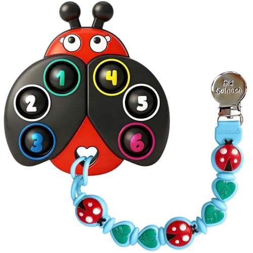 BIGSPINACH Teething Toy & Pacifier Clip Set,Ladybug Pop-It Teether & Pacifier Hold,Multi-Textured Chew Toy with Number Buttons for Early Learning, Baby Teething Relief (Black+Blue)