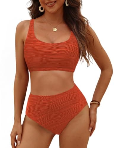 VIMPUNEC High Waisted Bikini Sets for Women Sporty Tummy Control Swimsuits High Cut Two Piece Bathing Suit Orange XL - Image 1