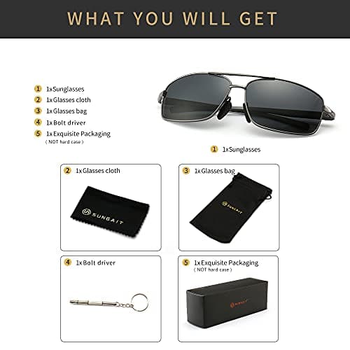 SUNGAIT Ultra Lightweight Rectangular Polarized Sunglasses Men UV400 Protection (Gunmetal Frame Gray Lens, 62) Metal Frame SGT458 QKH-CA - Thumbnail 6