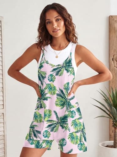 LILBETTER Women's Summer Rompers Casual Sleeveless Spaghetti Strap Shorts Jumpsuit Overalls Outfits with Pockets(Leave Pink Large) - Thumbnail 3