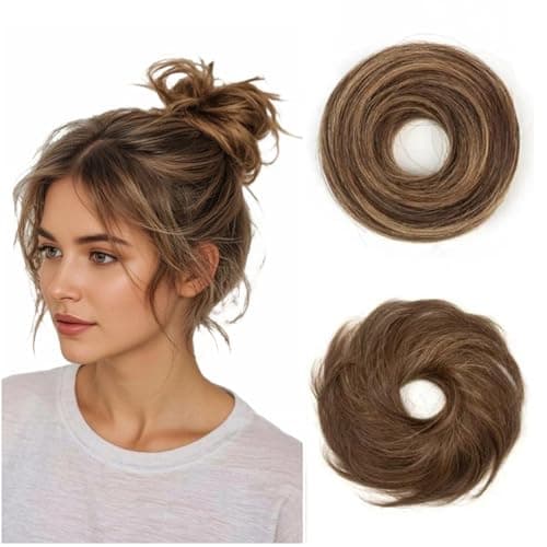 Human Hair Bun Messy Bun Hairpiece with Elastic Band #4/27 Medium Brown Highlights 100% Real Human Hair Donut Elastic Rubber Band Messy Bun Updo Scrunchies Natural Curly Updo - Image 1