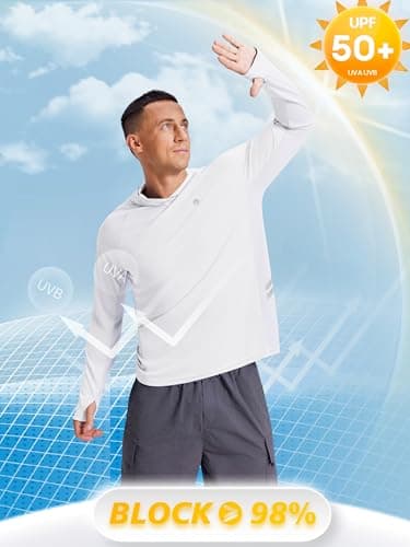 PINSPARK Men's UPF 50+ Fishing Shirts Long Sleeve UV Sun Hoodie, Hiking Running Swimming Surfing Athletic Workout Shirt L White - Thumbnail 5