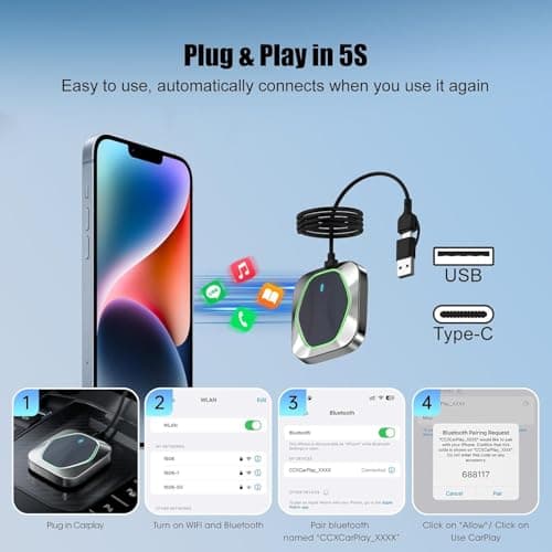 KEROLFFU 2in1 Wireless Carplay Adapter for iPhone Android,Plug n Play Automatic Reconnect,Convert Wired to Wireless Bluetooth Carplay Adapter Dongle (USB A/C) 03bb - Thumbnail 3