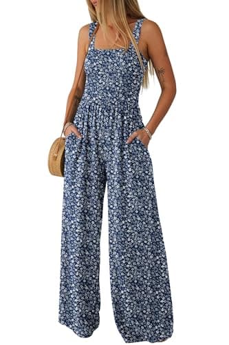 Lepunuo Jumpsuits for Women Casual One Piece Overalls Smocked Wide Leg Long Rompers With Pockets Beach Vacation - Image 1