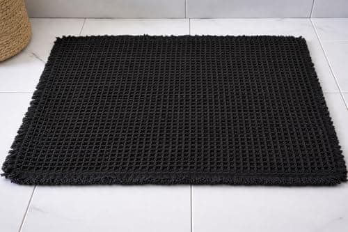 SHIMOH Upgraded Waffle Bath Mat – Ultra Soft, Super Absorbent & Non-Slip Rug with Tassels, Machine Washable, Rubber Backed for Bathroom, Hallway Runner, Kitchen and More (Black, 18" X 30") - Image 1