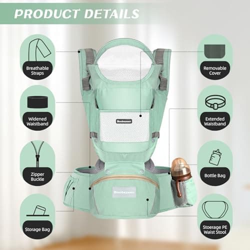 Boobezeen Baby Carrier with Hip Seat, Ergonomic M Position 6-in-1 Baby Carrier Newborns to Toddlers, Adjustable Baby Holder Carrier, All Seasons(Green) - Thumbnail 3