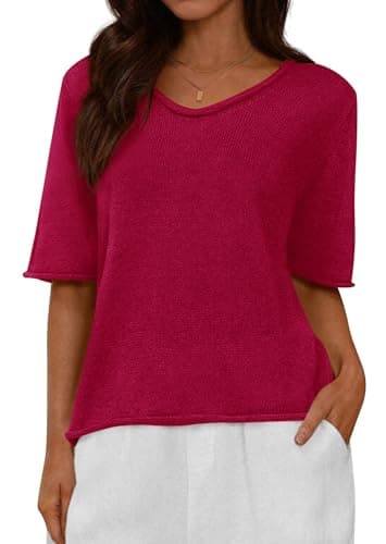 BTFBM Sweaters for Women 2026 Summer Oversized Half Short Sleeve Knitted Pullover V Neck‌ Casual Loose Fit Spring Tops(Red, Large) - Image 1