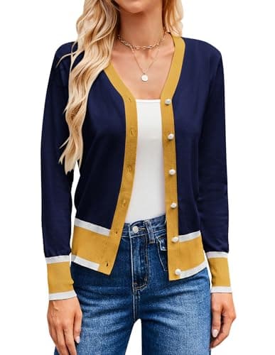 GRACE KARIN Cardigan for Women V Neck Long Sleeve Slim Fit Sweaters Color Block Sweater Fashion Clothes 2025 (Navy Yellow,2XL) - Image 1