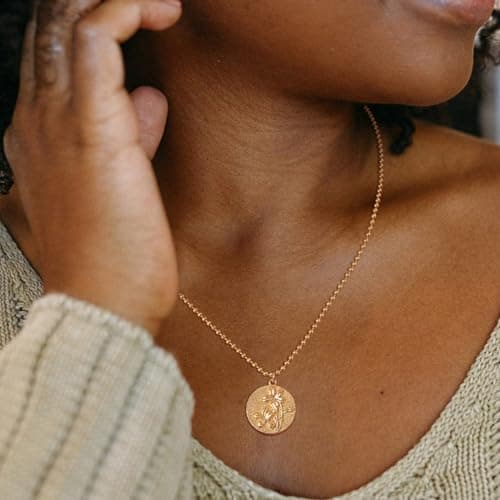 MEVECCO Gold Birth Flower Coin Necklace for Women 12 Month April Daisy Pendent 18K Gold Plated with Beaded Chain Personalized Embossed Floral Disc Necklace Birthday Gifts - Thumbnail 2