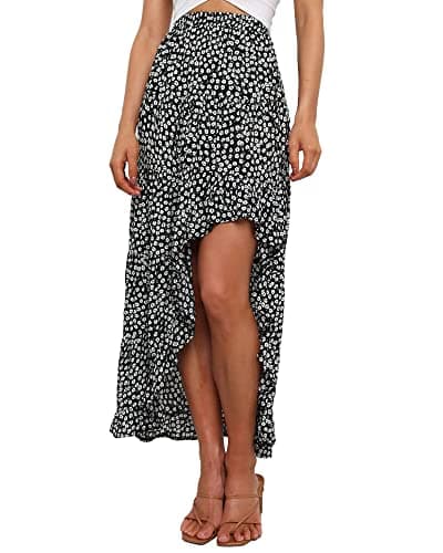 BTFBM Women 2026 Spring Summer Long Skirts Dress Boho Floral Elastic Waist Split Ruffle High Low Beach Maxi Skirt Clothes(Black White, Large) - Image 1