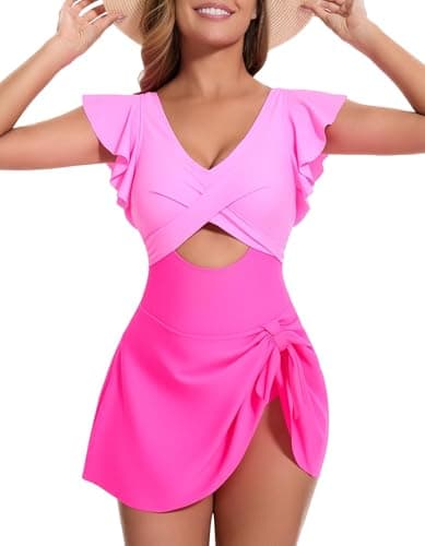 MFAVIP Women One Piece Swim Dress Tummy Control Swimsuits V Neck Ruffle Bathing Suit Cutout Sexy Wrap Side Tie with Skirt Pink - Image 1