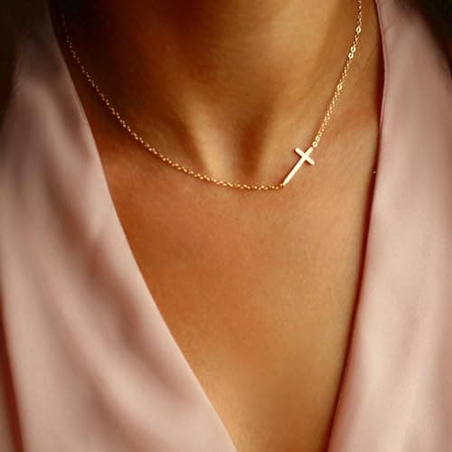 JNZSSWHJJH Gold Cross Necklace for Women - 18K Gold Plated Sideway Cross Necklace Dainty Gold Necklace for Women Gold Jewelry Easter Basket Essentials Stuffers Christian Religious Christmas Gifts - Thumbnail 3