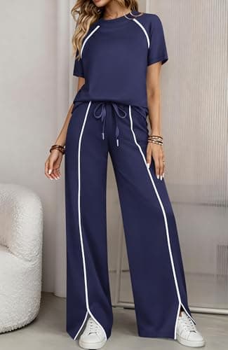 BTFBM Casual Two Piece Sets For Women Summer Outfits Solid Matching Sweatsuit Lounge Set Wide Leg Pants Workout(Navy Blue,Small) - Thumbnail 4
