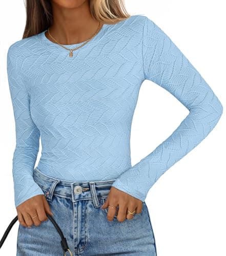 MEROKEETY Women's Fall Long Sleeve Shirts Blouses 2025 Casual Crewneck Textured Fitted Trendy Tops, Blue, X-Large - Image 1