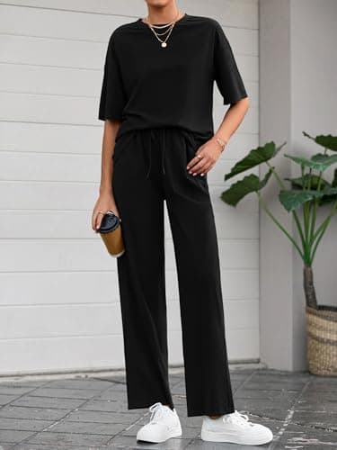 BTFBM Summer Outfits For Women 2026 Two Piece Sets Casual Short Sleeve Spring Tops Wide Leg Pants Matching Lounge Set(Black, XX-Large) - Thumbnail 4