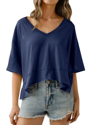 Cicy Bell Womens Oversized Crop T-Shirts Summer V Neck Short Sleeve Tops Casual Loose Fit Curved Hem Boxy Tee Shirt Navy - Image 1