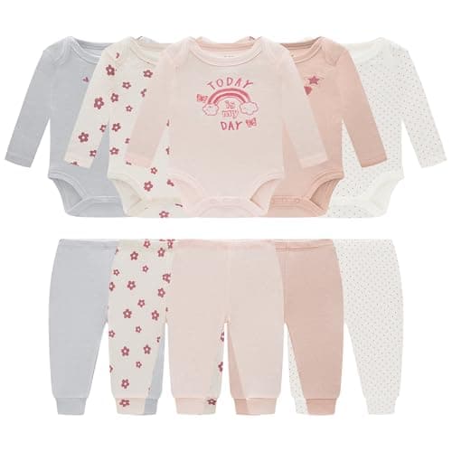 MEYSAHO Baby Newborn Layette 10-Piece Set Cotton Bodysuits Long Sleeve Pants Sets Baby Boys Girls Toddler Unisex Baby Gift Sets Flowers for 3 6 Months - Thumbnail 2