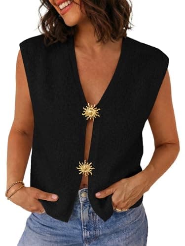 LILLUSORY Womens Sleeveless Sweater Vest Spring Knit V Neck Button Down Casual Loose Cardigan Summer Y2K Going Out Tops Black M - Image 1