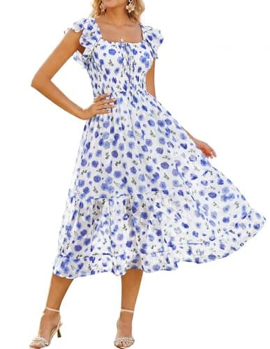 GRACE KARIN 2026 Women's Spring Floral Midi Dress Beach Wedding Guest Dresses Flowy A Line Casual Summer Clothes Blue Floral 2XL - Image 1
