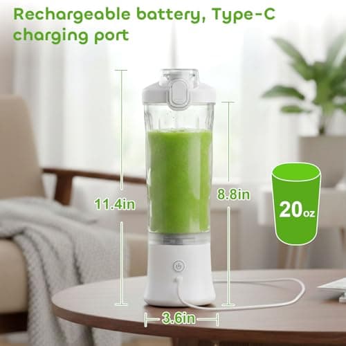 UOEPOWA Portable Juicer 20oz, USB-C Fast Charging Personal Smoothie Maker | Electric Blender Cup Crushes Ice for Protein Shakes and Juices | Mini Travel/Gym/Office/Kitchen/Outdoor (White) - Thumbnail 5