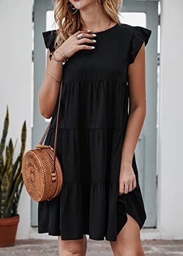 KIRUNDO Womens Dresses Summer Casual Sleeveless Ruffle Sleeve Round Neck Black Loose Short Flowy Pleated Mini Babydoll Dress(Black, X-Large) - Thumbnail 2