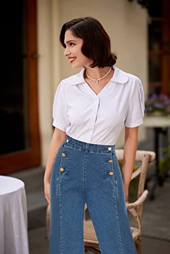 Women's Wide Leg Jeans Vintage Stretch High Waisted Work Office Denim Pants Summer Fall Size 20 Size 22 Light Blue - Thumbnail 2