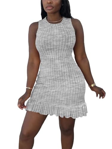 STOLKISS Women Summer Tank Dresses Sleeveless Crew Neck Basic Bodycon Mini Dress Casual Ribbed Knit with Ruffle Hem Sexy 2026 - Image 1