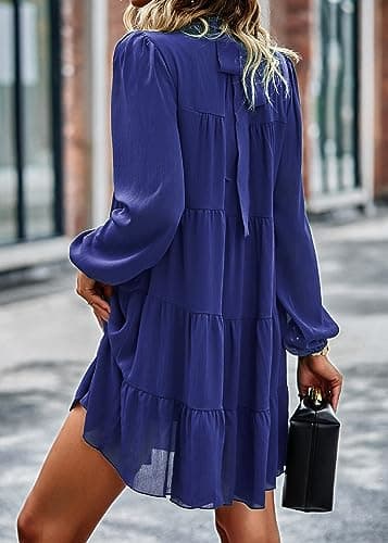 KIRUNDO Long Sleeve Baby Doll Dresses Women 2026 Casual Spring Summer Ruffle Mock Neck Tiered Mini Flowy Swing Shift Dress(Blue, Large) - Thumbnail 5