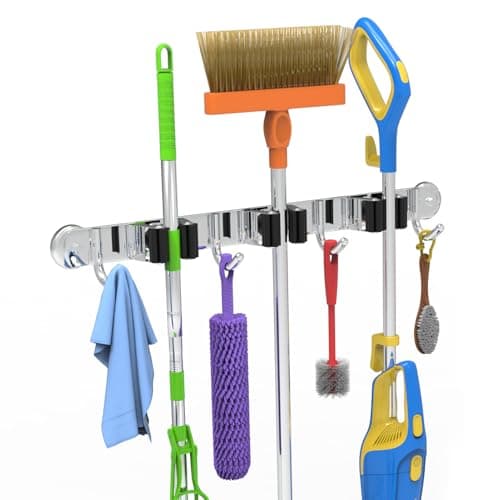 3-H Magnetic Broom Holder Wall Mount 1 Pack, 2-in-1 Dual Mount (No Drill or Screw Fix), 304 Stainless Steel Heavy Duty Magnet Mop Broom Organizer for Kitchen Garden Garage(3 Racks & 4 Hooks,Silver) - Image 1