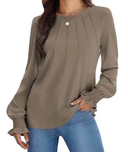 Funlingo Womens Fall Blouses Dressy Casual Trendy Long Sleeve Work Tunic Tops Business Formal Elegant Pleated Ruffle Shirts for Office Brown M - Image 1