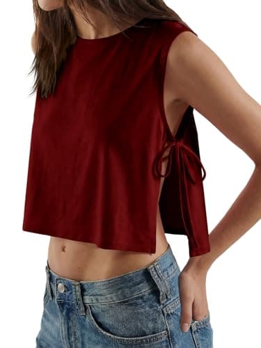 Tankaneo Womens Side Tie Cropped Tank Tops Summer Casual Oversized Sleeveless Shirts Loose Fit High Neck Boxy Basic Tees Wine Red - Image 1