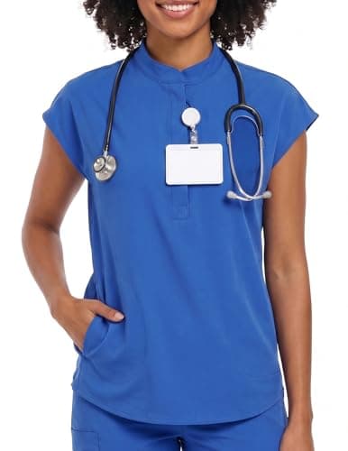 VECARDI Women's Scrub Top Zip Front Stretch Short Sleeve Nurse Uniform Shirt with Pockets Badge Loop Royal Blue