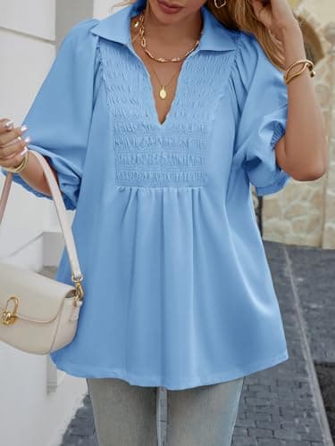 Cicy Bell Womens Summer Puff Sleeve Blouses Smocked V Neck Babydoll Peplum Casual Tunic Tops Loose Fit Pleated Shirts Blue - Thumbnail 4