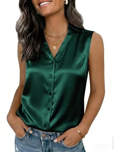 Funlingo Silk Blouses for Women Sleeveless Satin Business Casual Tops Sexy V Neck Work Shirts 2026 Summer Fashion Going Out Clothes Dark Green XL - Image 1