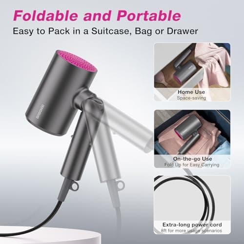 Hair Dryer with Diffuser for Women, 1875W Fast Drying Ionic Blow Dryer for Home Use, Lightweight Foldable Hairdryer with Concentrator Nozzle, 3 Heat 2 Speed Settings, Gray - Thumbnail 4