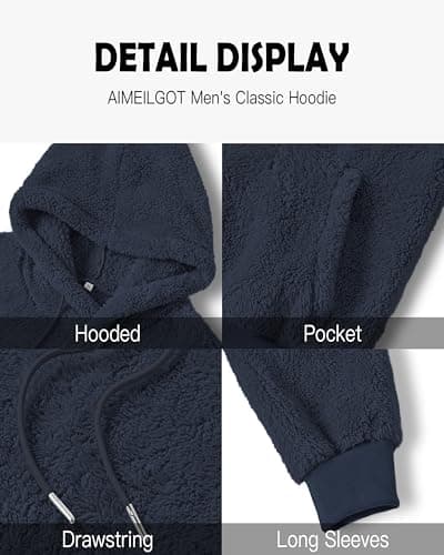 Aimeilgot Mens Sweatshirts Hoodie Pullover Fuzzy Sherpa Soft Lightweight Fleece Hooded Outwear Long Sleeve Regular with Pocket Navy Blue, Large - Thumbnail 6