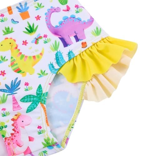 Funnycokid 5T Little Girls Swimsuit Kidss Size 6 Bathing Suit Dinosaur Yellow Ruffle Rashguard Sets Swimwear Zipper Long Sleeve 3 Piece Swimming - Thumbnail 5