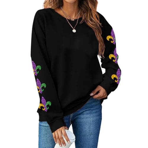 Eatbook Fat Tuesday Sweatshirt for Women Glitter Shrove Tuesday Long Sleeve Shirt Carnival Crewneck Pullover Top Black-b - Image 1